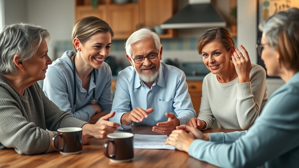 Muskegon in-home medical services caregiver reviewing a care plan with senior and family at kitchen table.