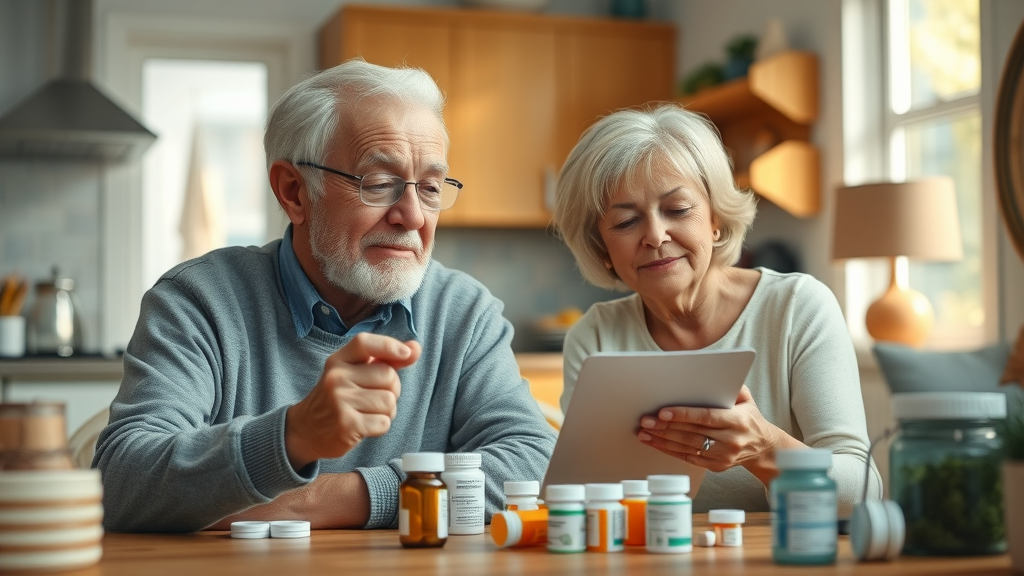 thoughtful elderly couple reviewing medication options, hopeful expressions, sitting together at a kitchen table, Muskegon elder prescription aid, cozy home interior, prescription items