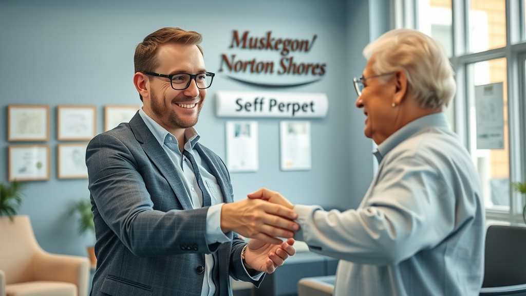 friendly professional social security consultant with senior client at Norton Shores social security office, certificates, and comfortable setting, lifelike modern office
