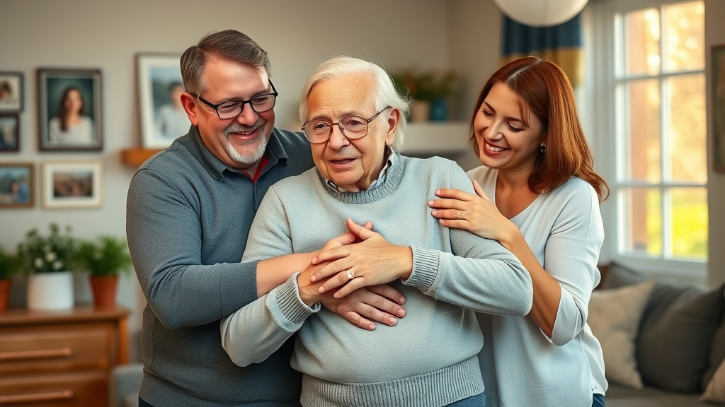Grateful family celebrating trusted Muskegon elder health services with elderly parent in a loving home environment