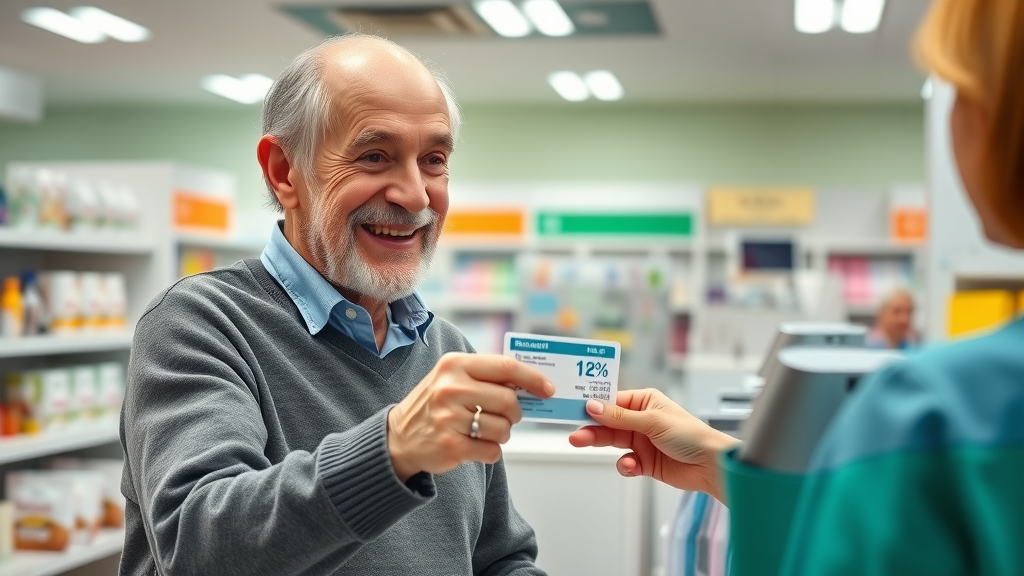 smiling senior using Muskegon drug discount card at pharmacy counter, prescription drug savings, pharmacy with prescription bags