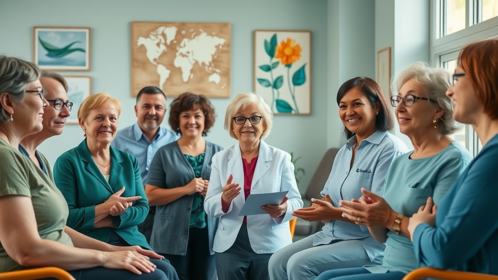 Muskegon home care team: Professional, diverse group gathered in cheerful common area with Muskegon-inspired art and large windows