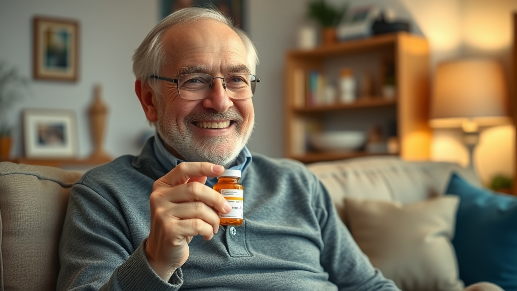 Grateful elderly man smiling at home after receiving extra help with prescription drugs