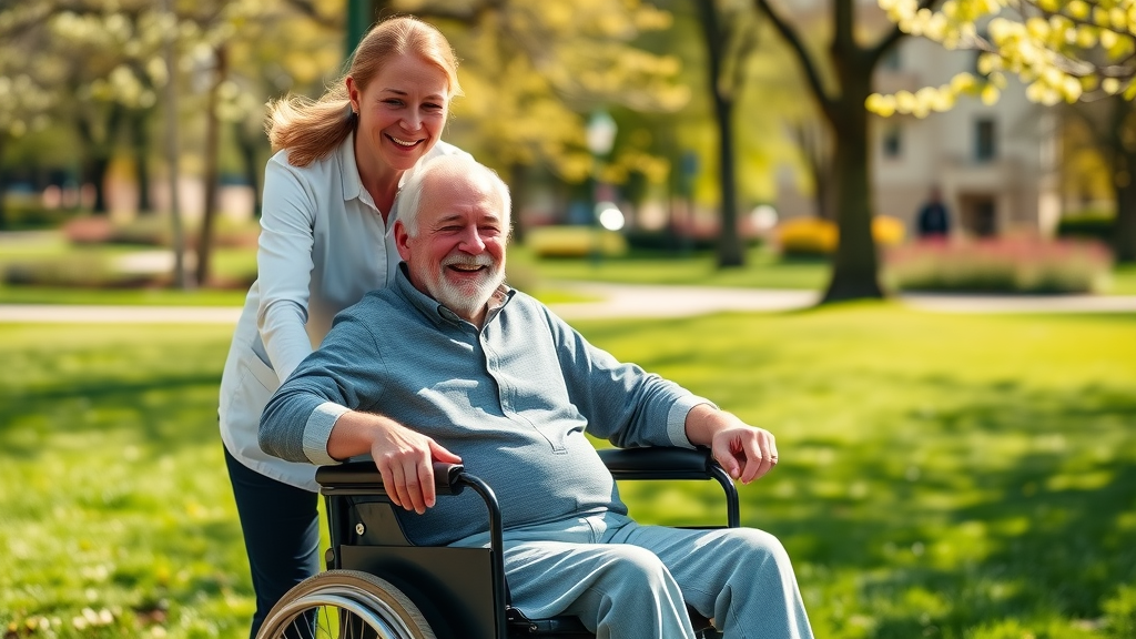 In-home medical care Muskegon: Elderly man in wheelchair assisted by caregiver in sunlit park, Norton Shores