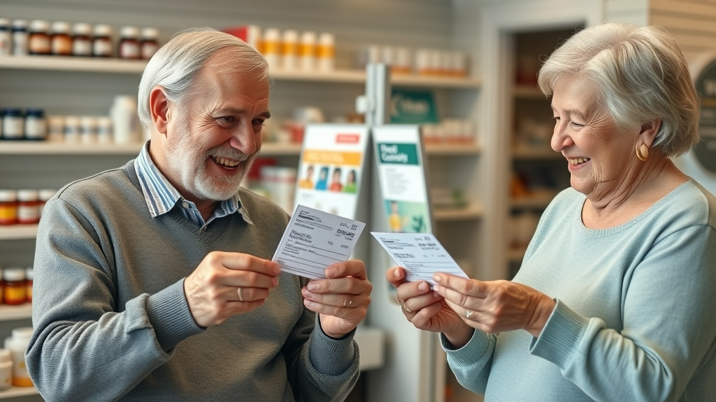 friendly senior citizens smiling with relief, reviewing prescription receipts and discount cards inside a cozy Muskegon pharmacy interior with pill bottles and informational brochures, hands exchanging cards, soft daylight, photorealistic, prescription discount cards Muskegon