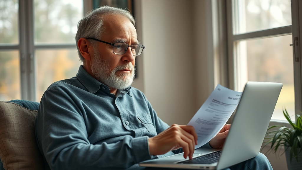 senior man researching Michigan Medicare assistance programs on laptop at home