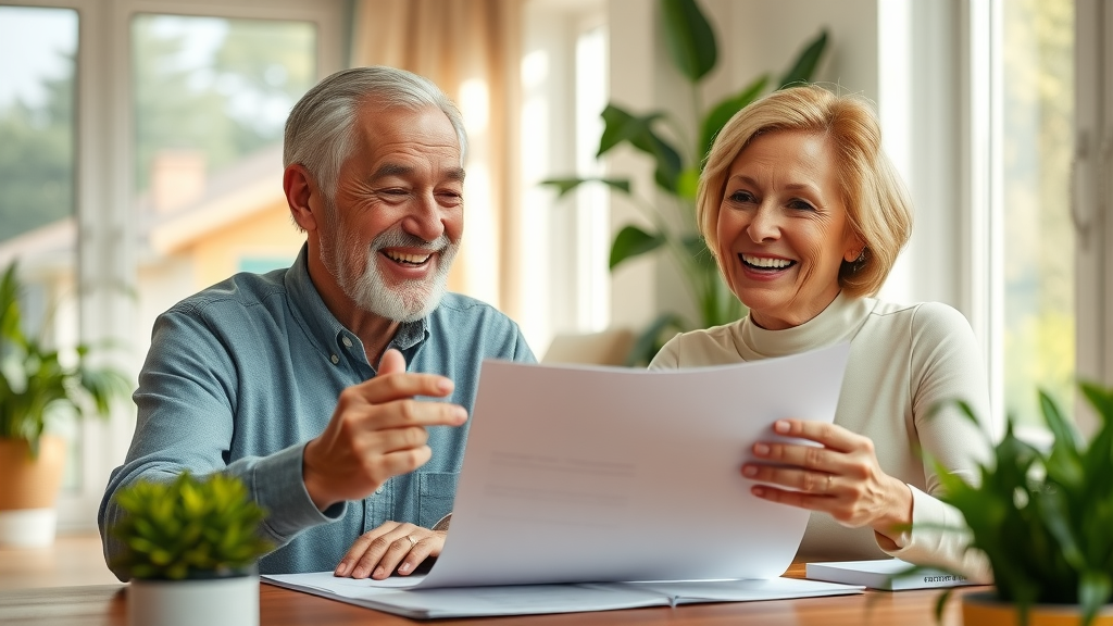 optimistic cheerful elderly couple reviewing retirement plan documents for Muskegon senior financial planning