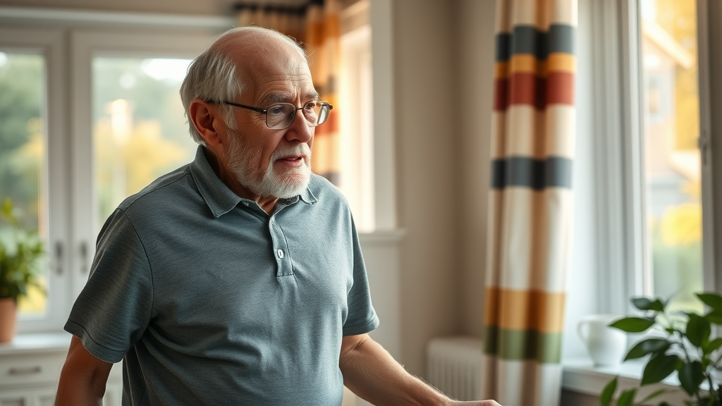 Compassionate caregiver supporting elderly man with walking exercise inside Muskegon suburban home, therapy tools visible, garden through window