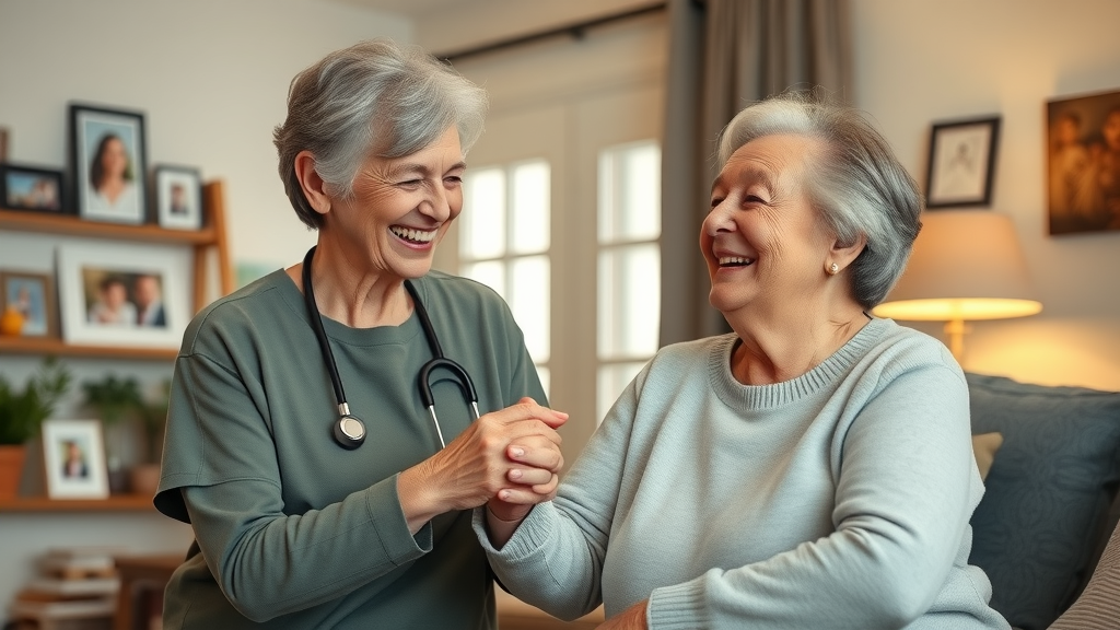 In-home medical care Muskegon: Welcoming caregiver assisting a senior at home with family photos and warm lighting