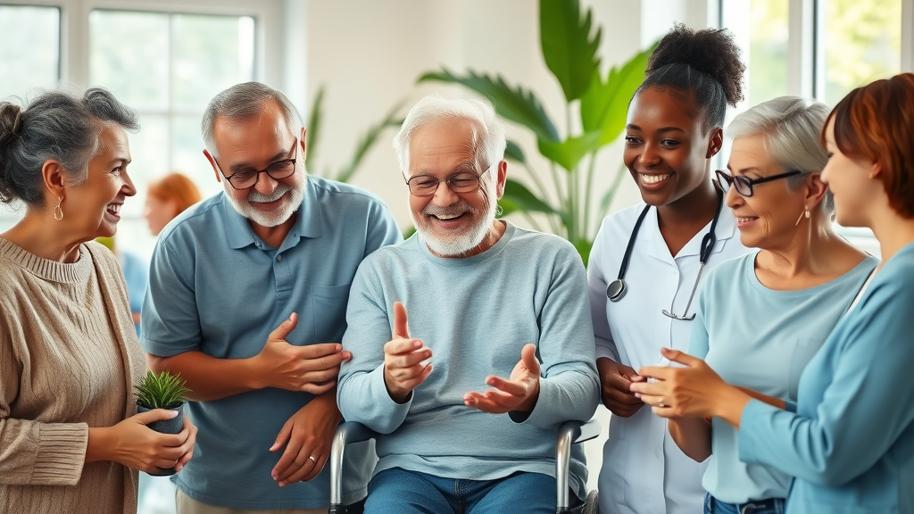 Diverse group including senior and young adult with a disability supported by Muskegon in-home nurse, bright and inclusive living area.