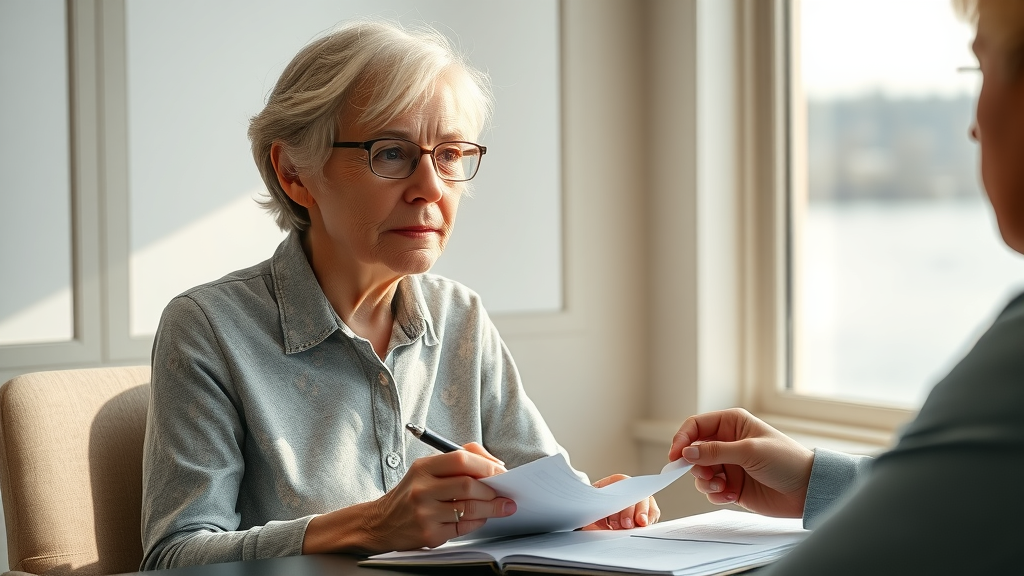 Thoughtful senior woman with financial planner reviewing notes, view of Muskegon Lake, personalizing retirement benefits advice Muskegon