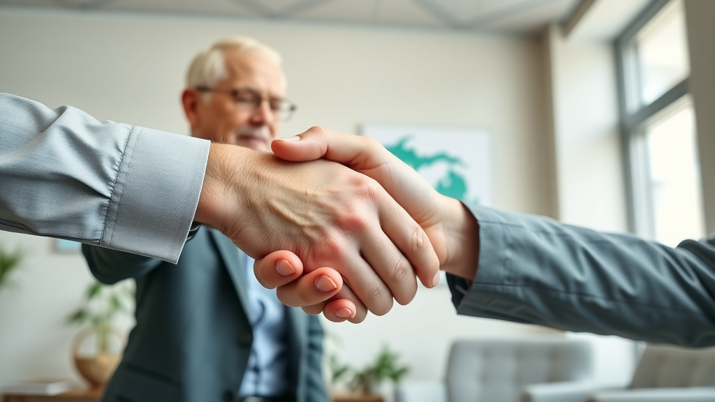 senior client and professional adviser shaking hands over affordable senior health insurance Muskegon plans