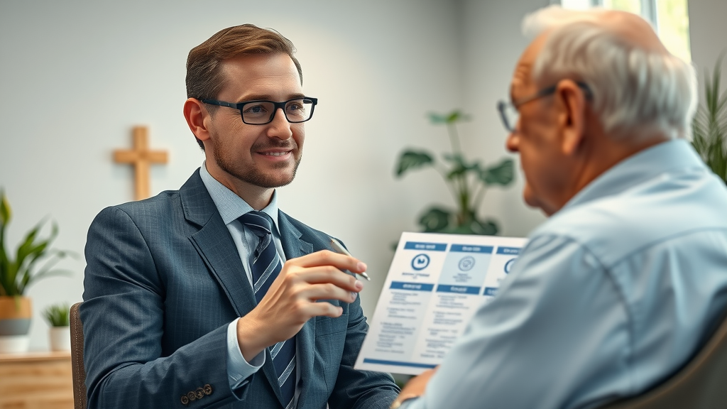 medicare advantage Muskegon - Confident insurance advisor explaining Medicare plans to elderly client in Muskegon office, comparison chart visible.
